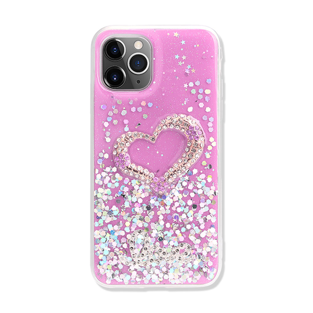 Love Heart Crystal Shiny Glitter Sparkling Jewel Case Cover for iPHONE 12 / 12 Pro 6.1 (Hot Pink)